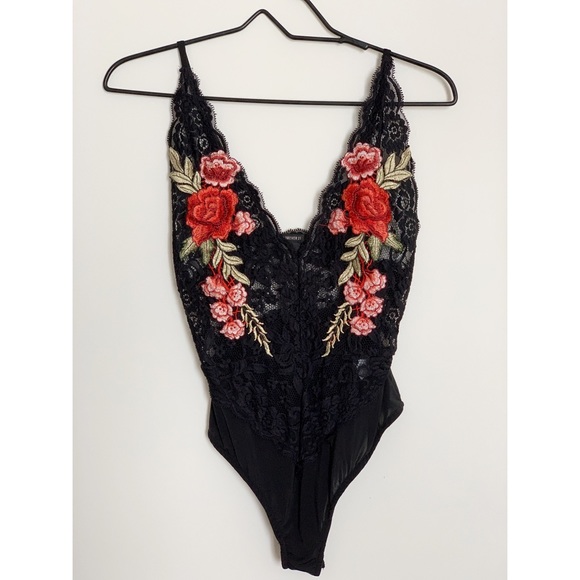 Forever 21 Tops - FOREVER 21 • Rose Lace Sheer Black Bodysuit